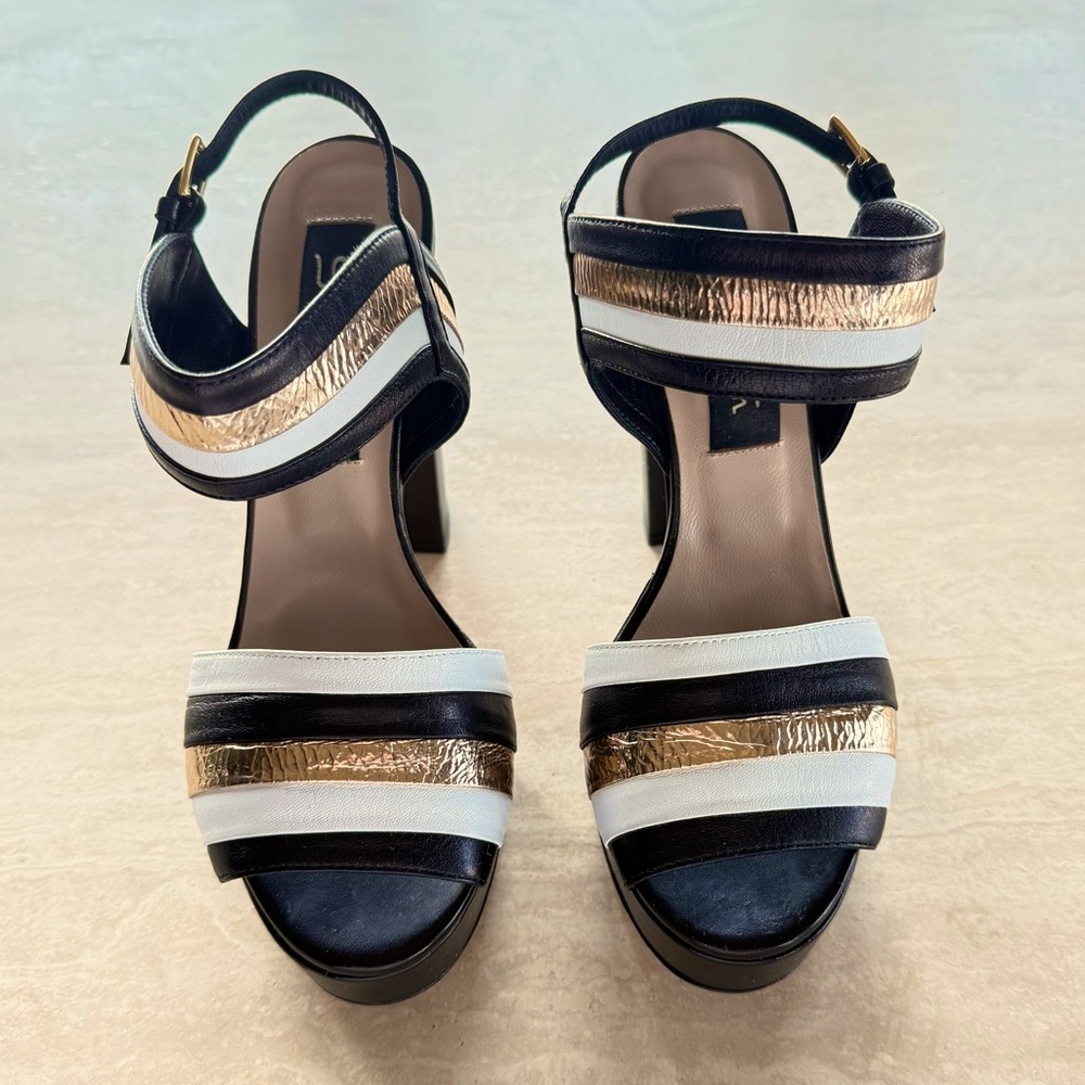 Sebastian Womens Black White and Gold Ankle Strap Platform Sandals Size EU 37.5 - Picture 3 of 12